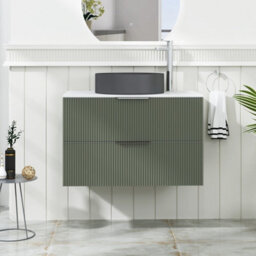 Royal Bathrooms Evora 800mm Sage Green Fluted Wall Hung Countertop Vanity Unit 2 Drawer With Art Round Basin - thumbnail 1