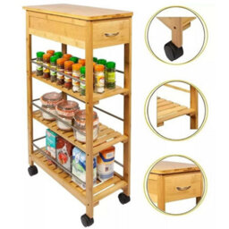 Kitchen Bamboo Cart Island Serving Trolley Rolling Wheel Drawer Organiser - thumbnail 3