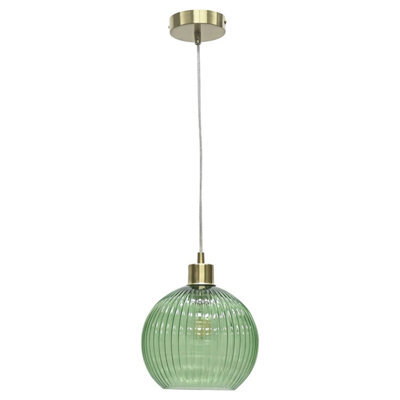 First Choice Lighting Betchley - Green Ribbed Glass Globe With Satin Brass Pendant Fitting - image 1
