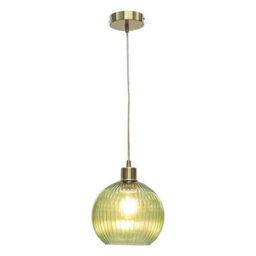 First Choice Lighting Betchley - Green Ribbed Glass Globe With Satin Brass Pendant Fitting - thumbnail 2