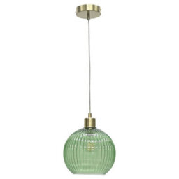 First Choice Lighting Betchley - Green Ribbed Glass Globe With Satin Brass Pendant Fitting - thumbnail 1