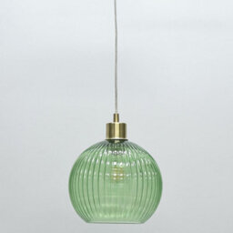 First Choice Lighting Betchley - Green Ribbed Glass Globe With Satin Brass Pendant Fitting - thumbnail 6