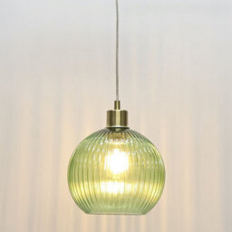 First Choice Lighting Betchley - Green Ribbed Glass Globe With Satin Brass Pendant Fitting - thumbnail 5