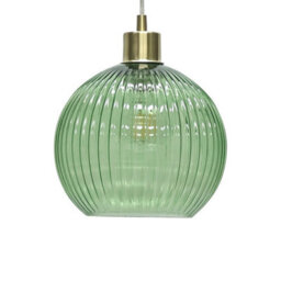 First Choice Lighting Betchley - Green Ribbed Glass Globe With Satin Brass Pendant Fitting - thumbnail 7
