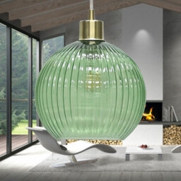 First Choice Lighting Betchley - Green Ribbed Glass Globe With Satin Brass Pendant Fitting - thumbnail 4