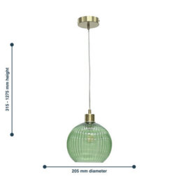 First Choice Lighting Betchley - Green Ribbed Glass Globe With Satin Brass Pendant Fitting - thumbnail 8
