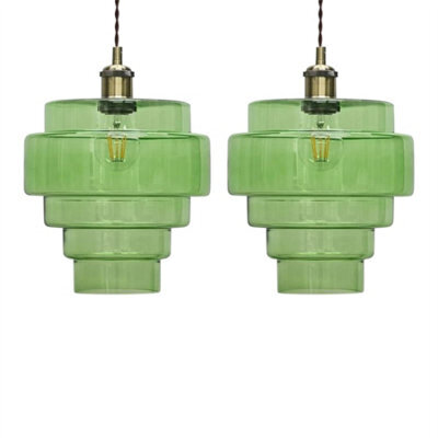 First Choice Lighting Set Of 2 Benson - 5 Tier Green Glass Easy Fit Pendant Lightshades - image 1