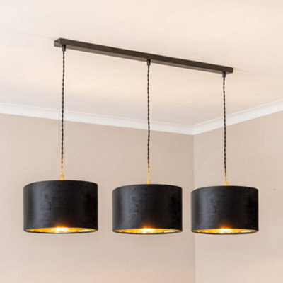 Valuelights Reni Black Velvet & Gold Shade 3 Drop Bar Black Diner Ceiling Light And Bulbs - image 1