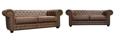 Astor Chesterfield Style Sofa Set 3+2 Seater Armchair Brown Faux Leather (3+2 Seater) - image 1