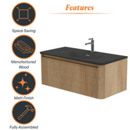 Plum&clay Isla Ribbed Fluted Oak Wood Wall Hung Drawer Vanity Unit & Black Basin Set (W)1000mm - thumbnail 6