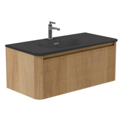 Plum&clay Isla Ribbed Fluted Oak Wood Wall Hung Drawer Vanity Unit & Black Basin Set (W)1000mm - thumbnail 1