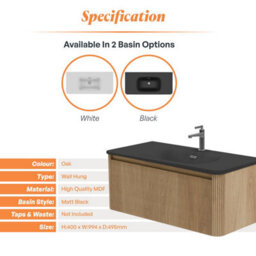 Plum&clay Isla Ribbed Fluted Oak Wood Wall Hung Drawer Vanity Unit & Black Basin Set (W)1000mm - thumbnail 5