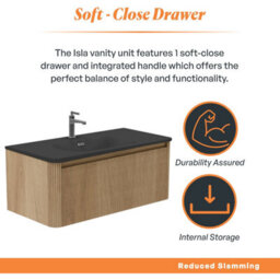 Plum&clay Isla Ribbed Fluted Oak Wood Wall Hung Drawer Vanity Unit & Black Basin Set (W)1000mm - thumbnail 4