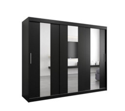 Arte Stylish Black Pole Sliding Door Wardrobe W2500mm H2000mm D620mm - Mirrored Storage With Silver Handles