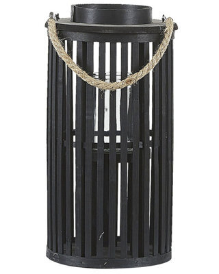 Beliani 40Cm Black Willow Wood Lantern Candle Holder With Glass Insert - Boho Oval Lantern - image 1
