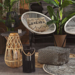 Beliani 40Cm Black Willow Wood Lantern Candle Holder With Glass Insert - Boho Oval Lantern - thumbnail 2