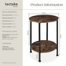 Tectake Bedside Table Ballina -Industrial Style, Round With 2 Shelves, 45 X 64 Cm - Industrial Wood Dark, Rustic - thumbnail 6