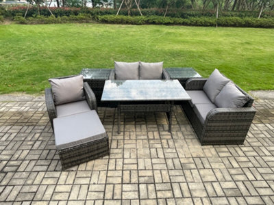 Fimous Lounge Rattan Sofa Set Outdoor Garden Furniture Oblong Rectangular Dining Table With Chairs 2 Side Tables Big Footstool - image 1