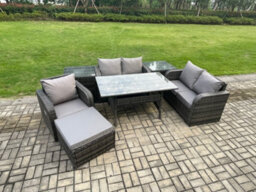 Fimous Lounge Rattan Sofa Set Outdoor Garden Furniture Oblong Rectangular Dining Table With Chairs 2 Side Tables Big Footstool - thumbnail 2