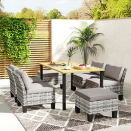 Outsunny 7 Pcs Rattan Garden Dining Set With Cushions, Umbrella Hole, Grey - thumbnail 8