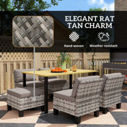 Outsunny 7 Pcs Rattan Garden Dining Set With Cushions, Umbrella Hole, Grey - thumbnail 6