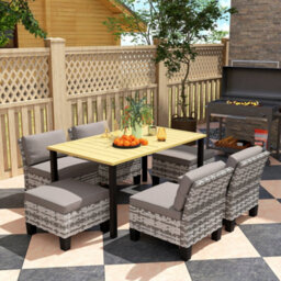 Outsunny 7 Pcs Rattan Garden Dining Set With Cushions, Umbrella Hole, Grey