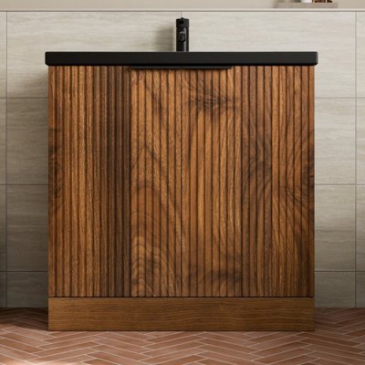 Aveli Fluted 800mm Bathroom Vanity Unit Basin Floorstanding Cupboard Soft Close Walnut - image 1