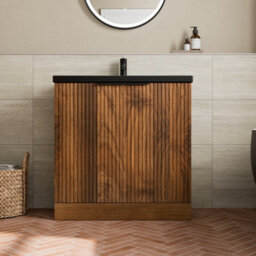 Aveli Fluted 800mm Bathroom Vanity Unit Basin Floorstanding Cupboard Soft Close Walnut - thumbnail 2