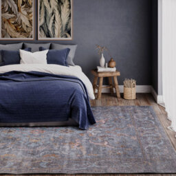 Loomed Traditional Design Cotton Chenille Rug Blue Gold Machine Washable 80Cm X 150Cm - thumbnail 4