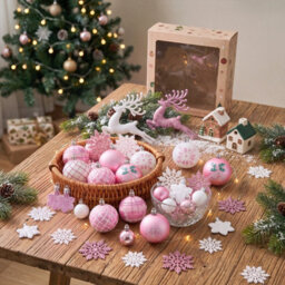 Living And Home 45-Piece Set Of Pink And White Reindeer-Themed Christmas Balls And Ornaments, 24Cm W X 24Cm D - thumbnail 1