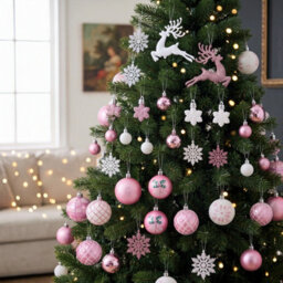 Living And Home 45-Piece Set Of Pink And White Reindeer-Themed Christmas Balls And Ornaments, 24Cm W X 24Cm D - thumbnail 2