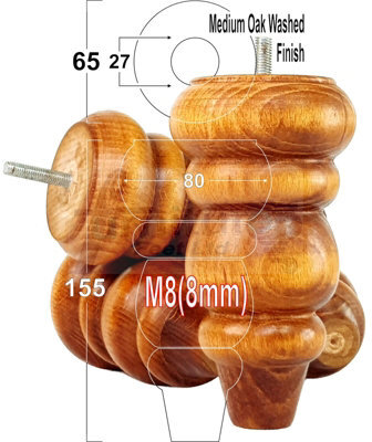 L&F 4X Solid Turned Wood Furniture Legs Chair Settee Feet 155mm 8mm Thread Medium Oak Washed - image 1