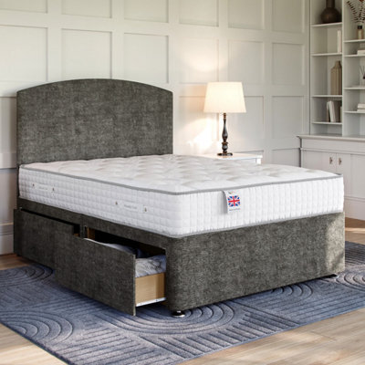 Divan Base Direct Chenille Silver Platform Top Divan Bed Base 5Ft King Size With 2 End Drawers + Wiltshire Strutted Headboard - image 1