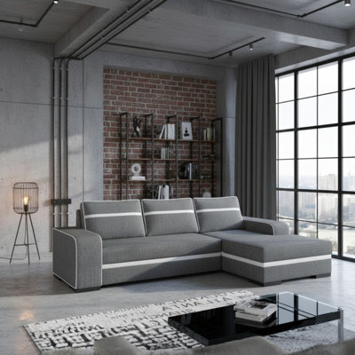 Finn Living Room Corner Sofa Bed With Sinuous Spring Wooden Frame Legs Storage Container 285X165X90Cm Grey And White Right - image 1