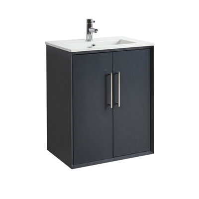 Homestylestore Anthracite 610mm Wall Hung Bathroom Vanity Unit With Basin And Chrome T Bar Handle - image 1
