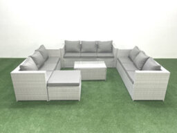 Fimous Rattan Garden Outdoor Furniture Set 10 Seater Garden Sofa Coffee Table Set Big Stool Light Grey - thumbnail 2