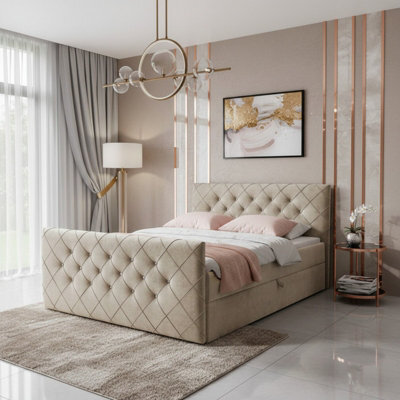 Malaga M Bedroom Upholstered Bed Mdf Laminated Board Hr Foam Bonell Spring Wooden Frame With Topper 180X200 Beige - image 1