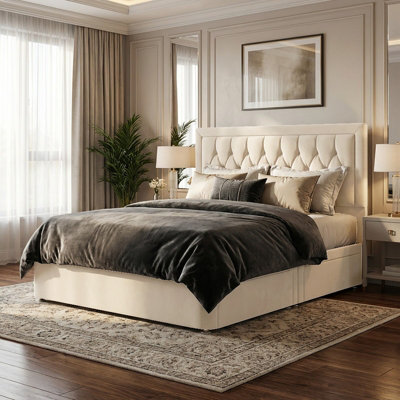 "Adore Designs Diamond Cut Bumper Plush Velvet Divan Bed, 50"" Headboard - 5Ft Kingsize - Cream - 4 Drawers" - image 1