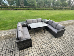 Fimous Rattan Garden Furniture Set With Oblong Dining Table 2 Side Tables 9 Seater Outdoor Lounge Sofa Set Dark Grey Mixed - thumbnail 2