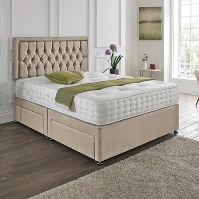 Dining Tables Lisbon Matching Headboard Divan Set, 2 Drawer On Same Side With Sprung 1500 Comfort Mattress - Plush Almond - Double - image 1