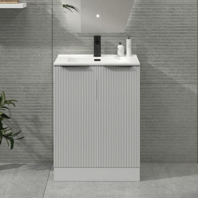 Royal Bathrooms Evora 600mm Matt White Fluted Floor Standing Bathroom Vanity Unit 2 Door Cabinet Storage With Ceramic Basin & Matt Black Handles - image 1