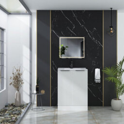 Royal Bathrooms Evora 600mm Matt White Fluted Floor Standing Bathroom Vanity Unit 2 Door Cabinet Storage With Ceramic Basin & Matt Black Handles - thumbnail 2
