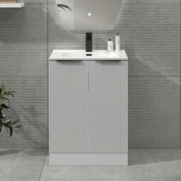 Royal Bathrooms Evora 600mm Matt White Fluted Floor Standing Bathroom Vanity Unit 2 Door Cabinet Storage With Ceramic Basin & Matt Black Handles