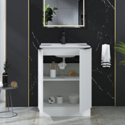Royal Bathrooms Evora 600mm Matt White Fluted Floor Standing Bathroom Vanity Unit 2 Door Cabinet Storage With Ceramic Basin & Matt Black Handles - thumbnail 3