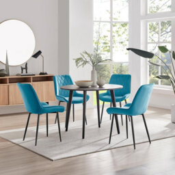 Furniturebox Uk Koko Walnut Effect Round Dining Table & 4 Blue Pesaro Black Leg Chairs