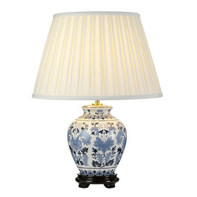 Elegant Oriental Wooden Base Table Lamp With Ivory Box Pleat Shade In Blue And White - image 1