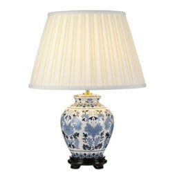 Elegant Oriental Wooden Base Table Lamp With Ivory Box Pleat Shade In Blue And White