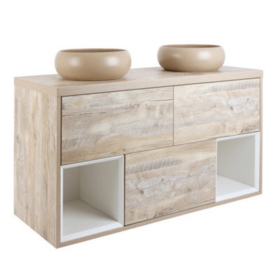 Homestylestore Light Oak 1200mm Led Lit Wall Hung Bathroom Vanity Unit Round Sand Countertop Basins Open Shelves - image 1