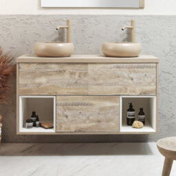Homestylestore Light Oak 1200mm Led Lit Wall Hung Bathroom Vanity Unit Round Sand Countertop Basins Open Shelves - thumbnail 2