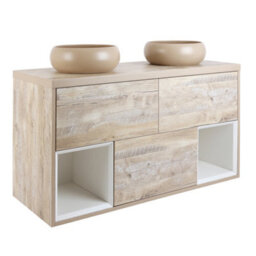 Homestylestore Light Oak 1200mm Led Lit Wall Hung Bathroom Vanity Unit Round Sand Countertop Basins Open Shelves